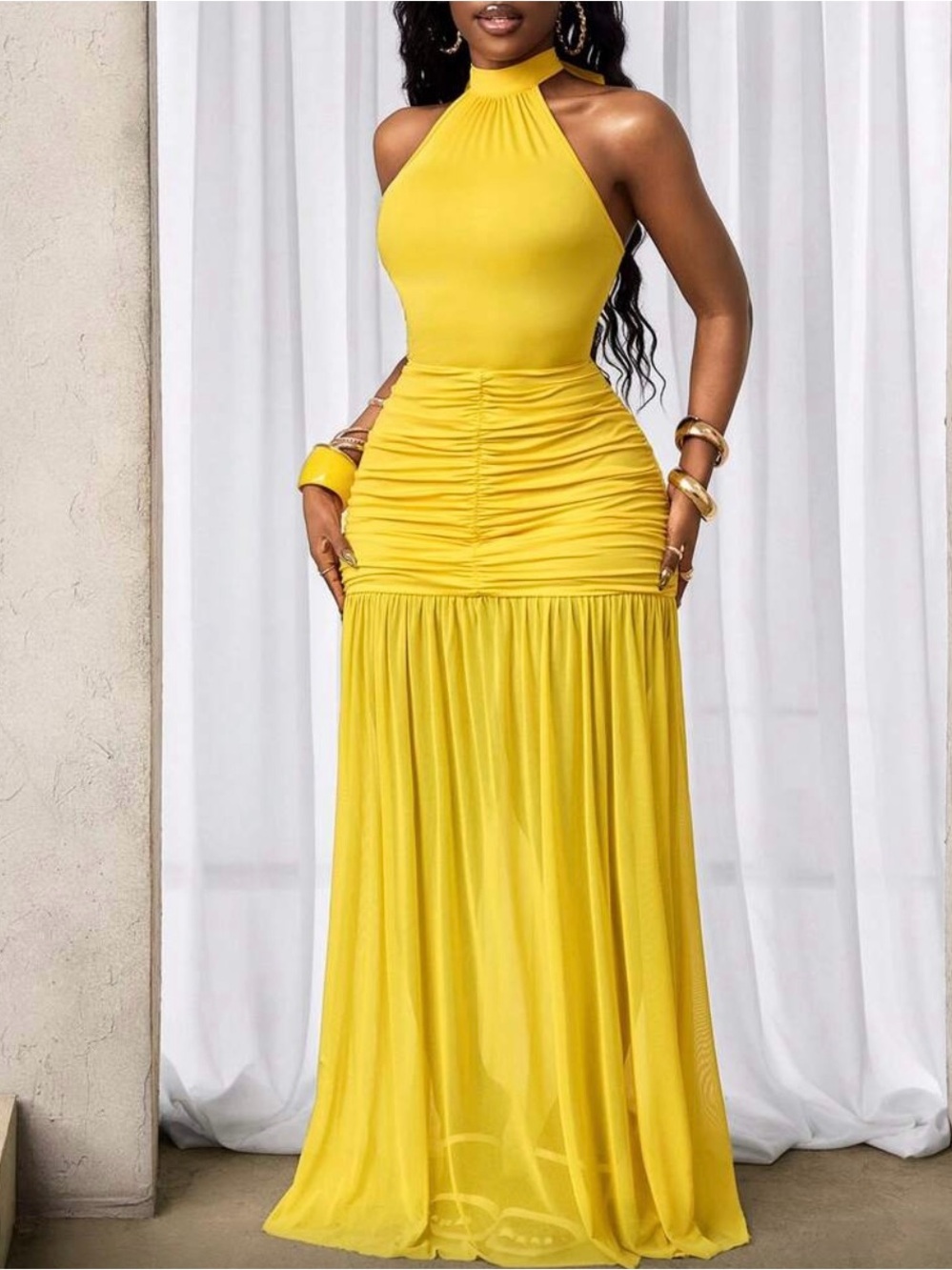 Fashion Nova Yellow Halter Ruched Maxi Dress - Picture 2 of 3